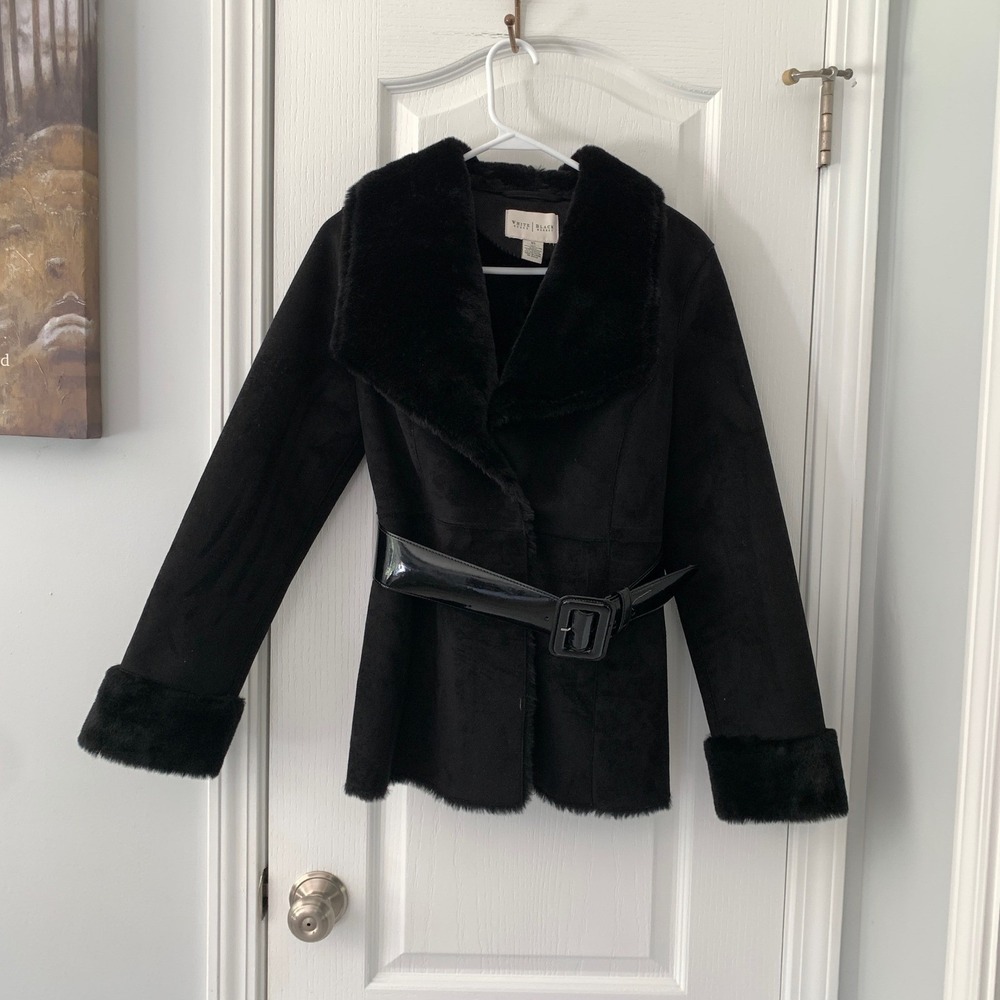 White House Black Market Black Faux Suede Fur Trim Belted Jacket XS RN111459